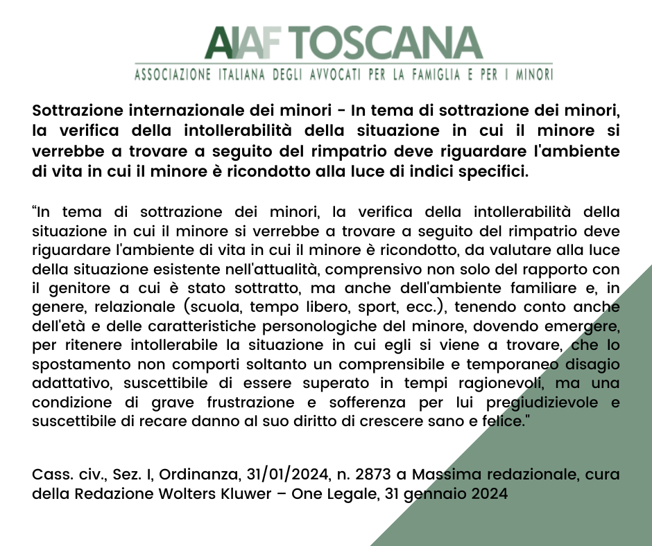Rassegna Giurisprudenziale: Sottrazione internazionale dei minori - In tema di sottrazione dei minori, la verifica della intollerabilità della situazione in cui il minore si verrebbe a trovare a seguito del rimpatrio deve riguardare l'ambiente di vita in cui il minore è ricondotto alla luce di indici specifici.